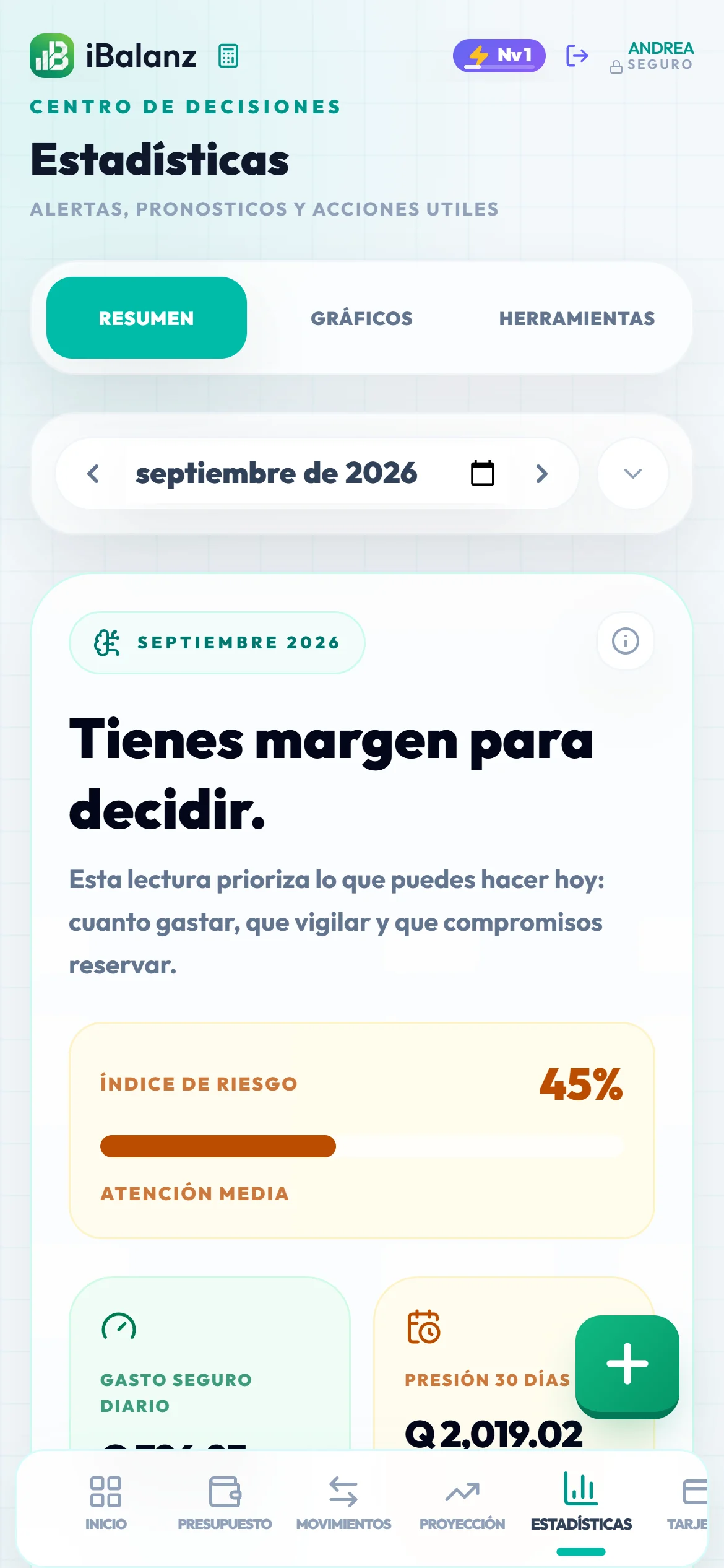 iBalanz: centro de decisiones con índice de riesgo, gasto seguro diario y presión de los próximos 30 días