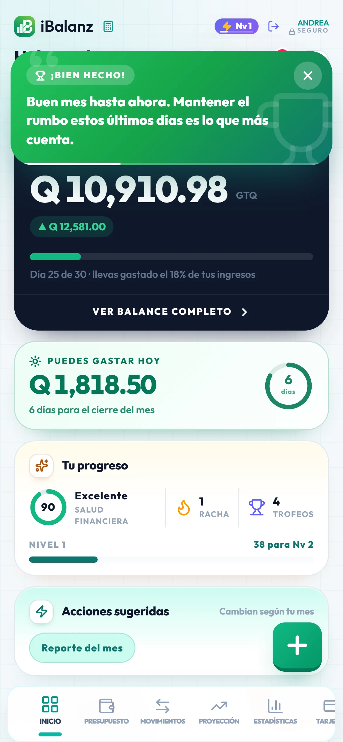 Pantalla Hoy de iBalanz con el resumen de finanzas