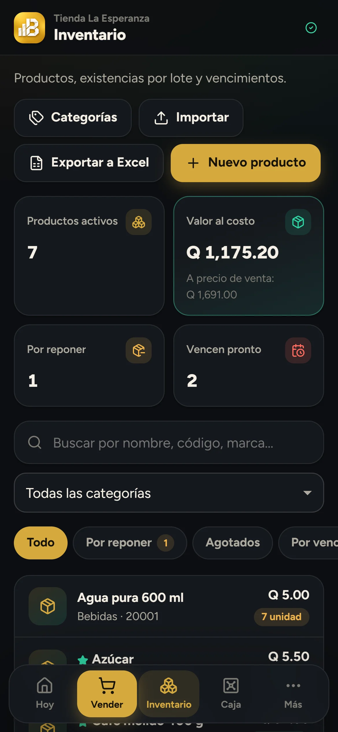 iBalanz Negocios: pantalla Inventario